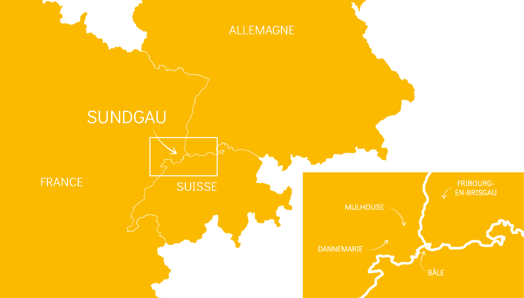 Carte de la région du Sundgau, entre la France, l'Allemagne et la Suisse